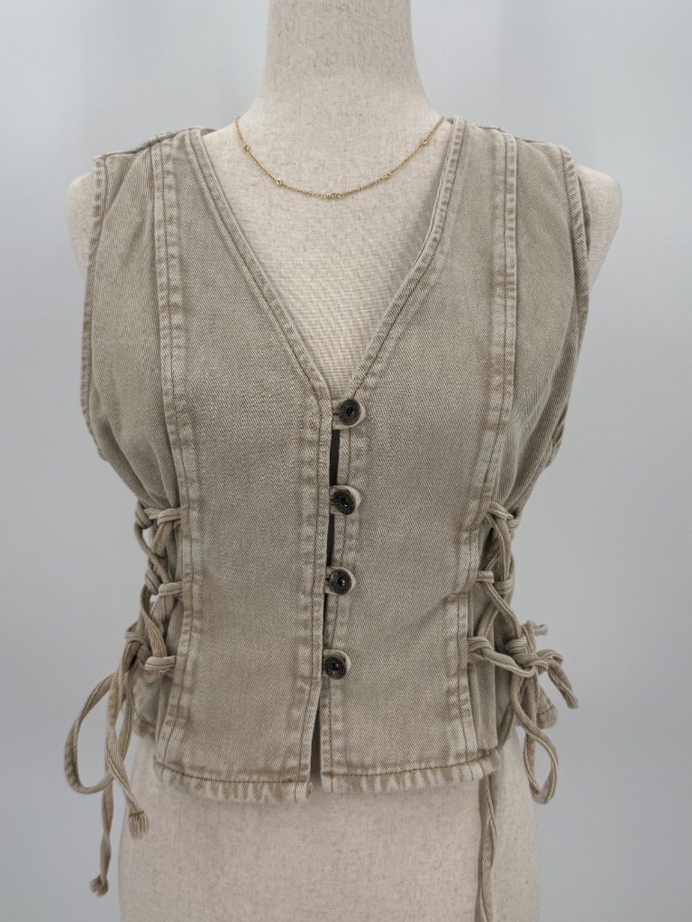Tan Denim Lace Up Corset Vest 90s Grunge Y2K Cropped Western Boho Festival M - Picture 11 of 11